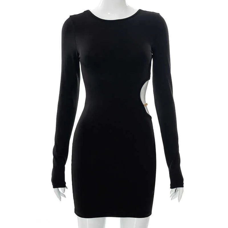 BOOFEENAA Abiti a maniche lunghe catena a catena a maniche lunghe le donne 2021 Party club Sexy Bodycon Mini Dress Bianco nero C85-BF25 Y1006