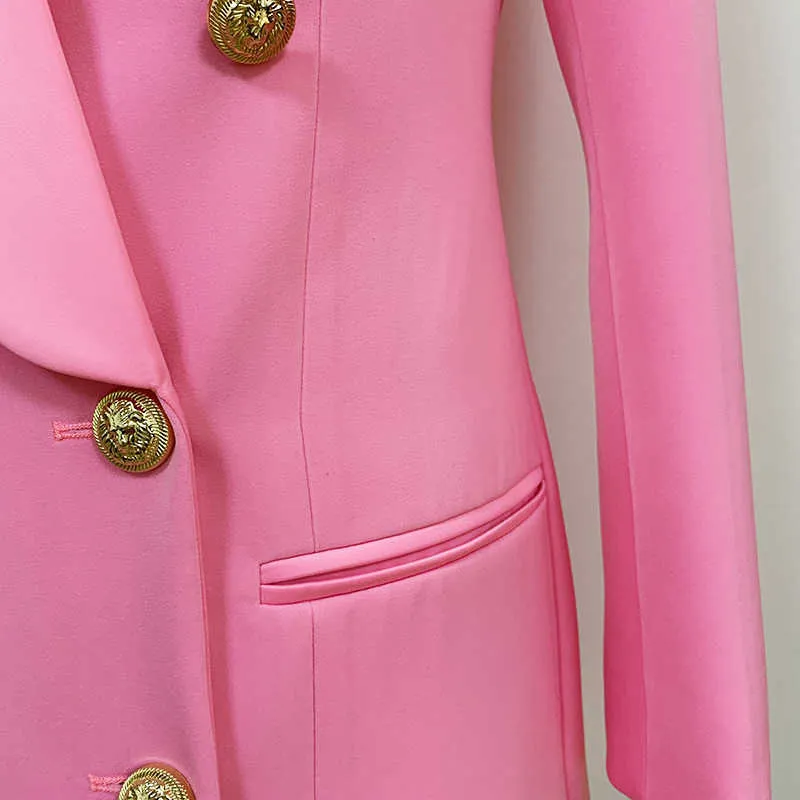 最高品質のEst Designer Blazerジャケット女性ライオンボタンダブルブレストサテンショールカラーロングブレザー210930