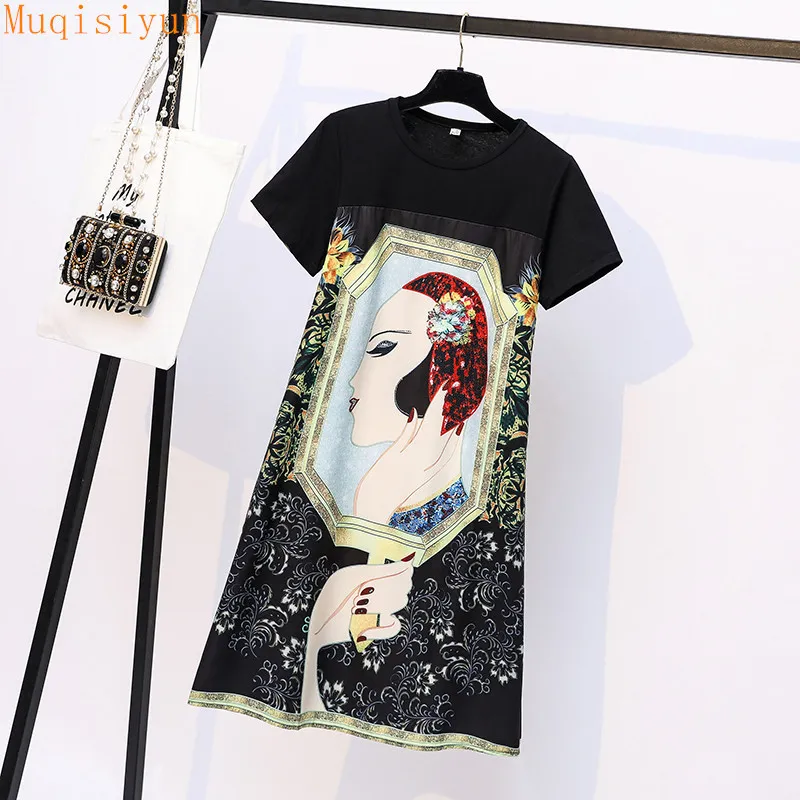 Zomer hit t-shirt jurk voor vrouwen vintage cartoon print Koreaanse mode O-hals korte mouw casual losse jurken 210428