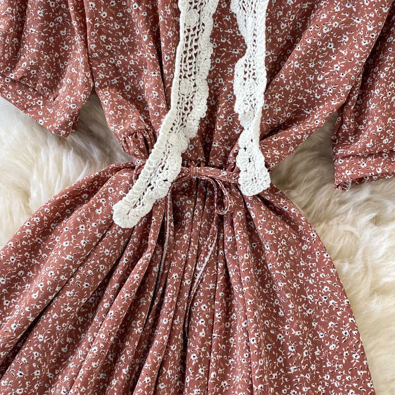 Vintage kvinnor blå / beige tryckt klänning med sjal casual kortärmad chiffong vestidos damer a-line hög midja robe sommar ny y0603
