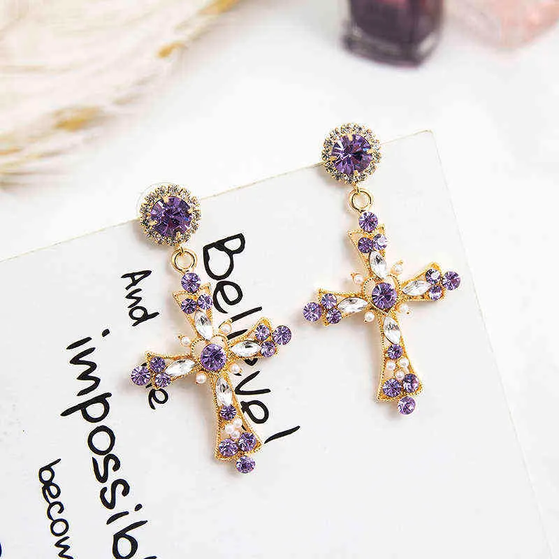 Korean Purple Rhinestone Love Heart Flower Dangle Earrings Long Water Drop Crystal Jewelry Pendientes For Women Fashion Brincos G220312