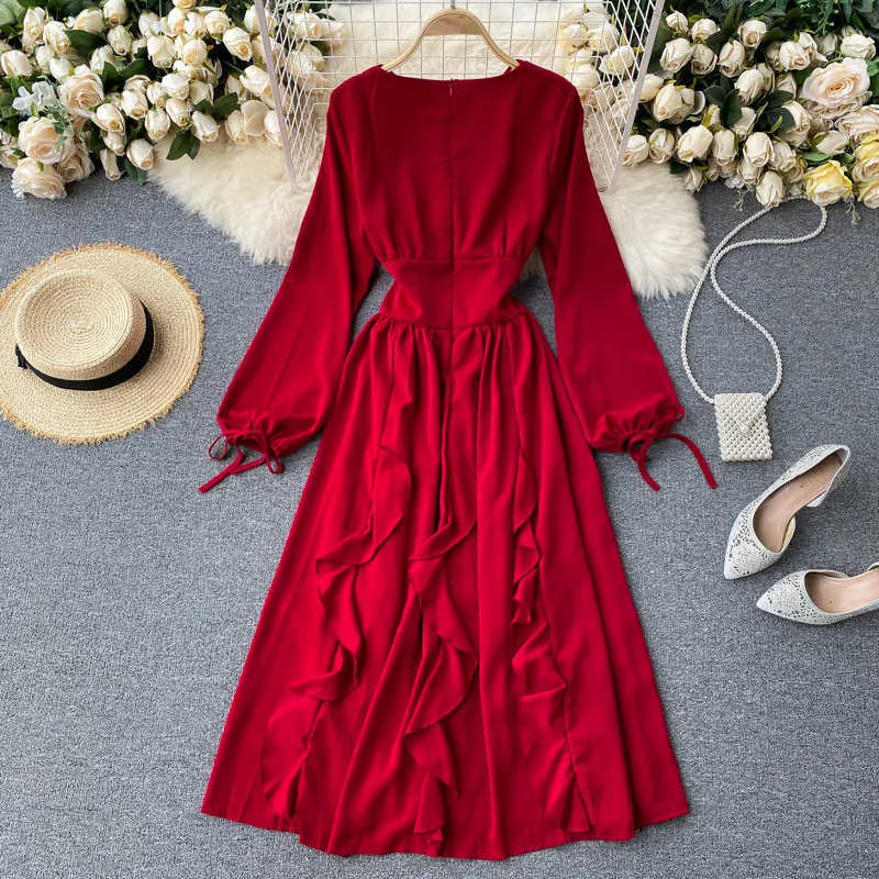 Herbst Winter Rot Lange Kleid Für Frauen Kleidung Eleganten Quadratischen Kragen Langarm Rüschen Kleider Weibliche A-Line Vestidos 2020 Neue y0603