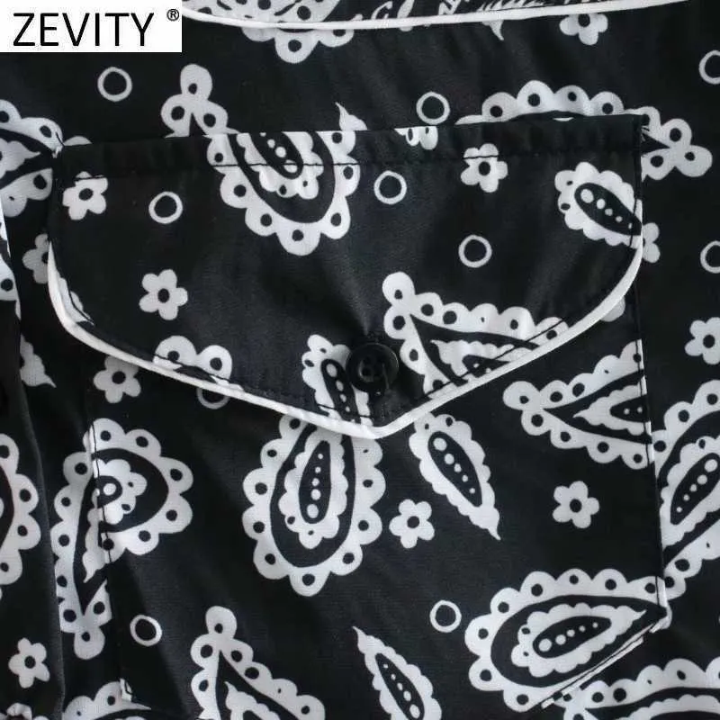 Zevity Donna Vintage Nero Bianco Patchwork Anacardi Stampa Kimono Camicia Donna Casual Camicetta Roupas Chic Femininas Top LS7588 210603