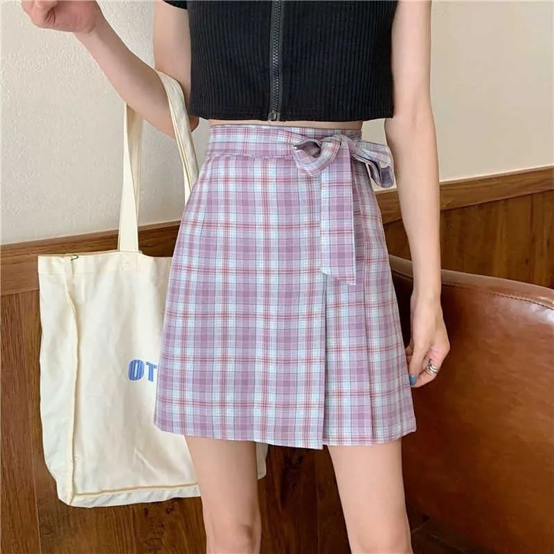 Summer Plaid Bowknot Bind Belt Skiet Mini Skirts Women High-Waisted Harajuku Pleated Skirt Korean Vintage Short Skirts 210619