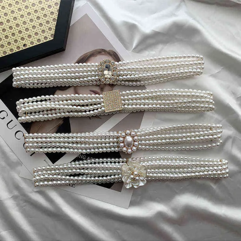 Koreansk elegant pärla bälte elastiska midja bälten blomma hjärta hink kedja söt midjeband för kvinnor klänning mager inredning tillbehör g220301