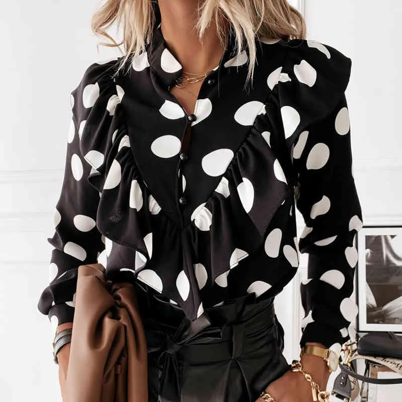 Casual Leopard Dot Print Ruffle Blouse Shirt Höst Vinter Långärmad Kvinnor Elegant Office Lady V-Neck Button Tops Blusa 210518