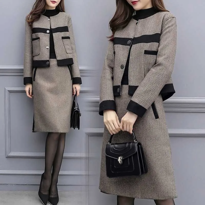 Frauen Herbst und Winter zweiteiliger Rock Wolle kurze Jacke schlanke lässige Mode Anzug hohe Qualität 210527