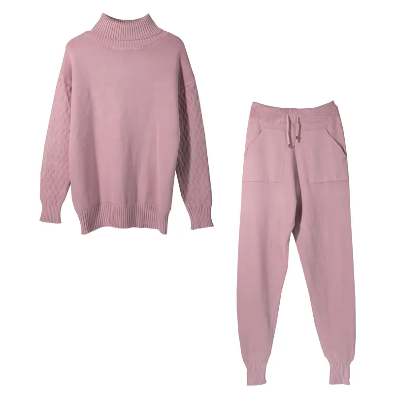 2 peças Set Mulheres Tracksed Tracksuit Turtleneck Sweater + Cenoura Calças Jogging Pullover Chique Outwear 210507