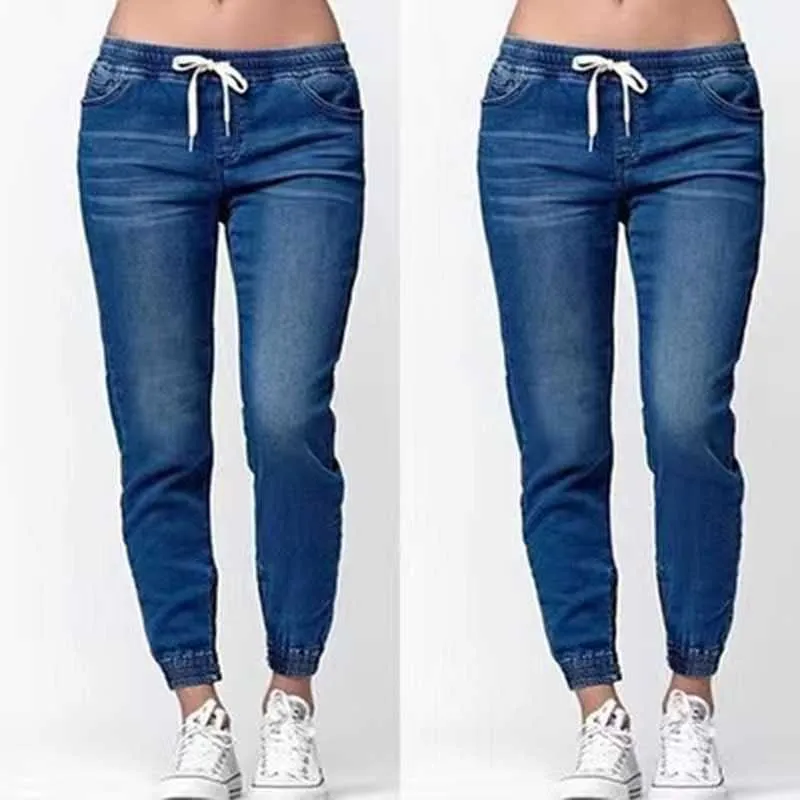 Весна и осень женские джинсы прямые бедро мид талии Trend повседневная шнуровка вымытые ноги фонарь женские тонкие брюки WS38 210708