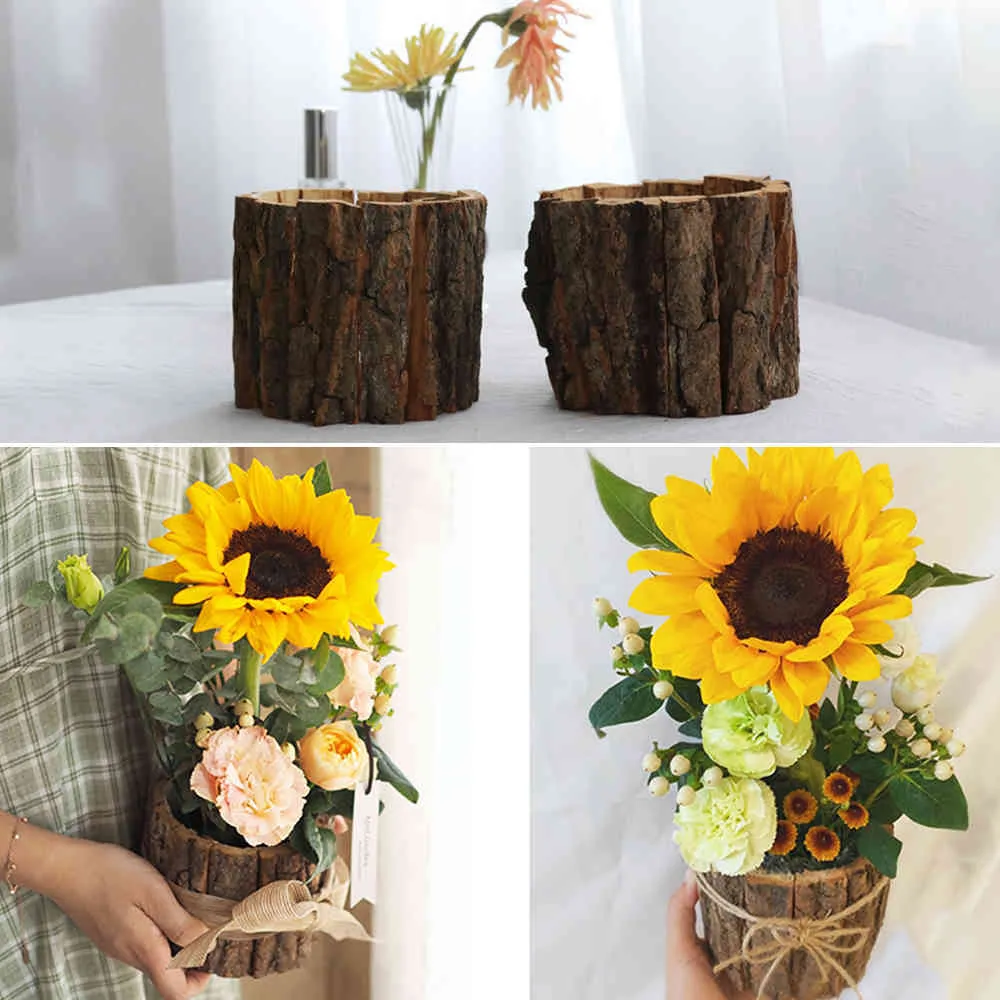 Wooden Plant Pot Vintage Round Table Decorative Style Wooden Flowerpot Fake Tree Bark Succulent Plants Creative Container 210409296A