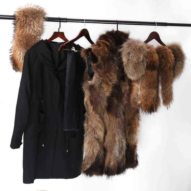 Manteaux d'hiver pour femmes et vestes longues imperméables Parka capuche amovible en fourrure de raton laveur et doublure en vraie fourrure mode chaude 211110