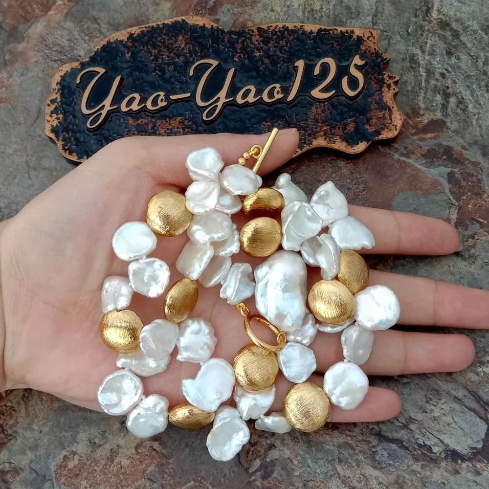 YYGEM 18 '' perla Keshi bianca con foro superiore 24 K color oro placcato con perline pendente collana da donna