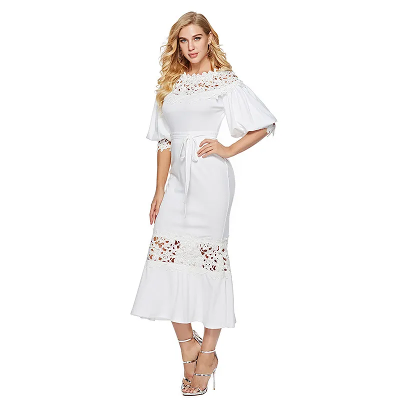 Kobiety Sukienka Rękaw Puff Koronki Patchwork Bandaż Sexy Sukienki Hollow Out Vintage White Plus Size Moda 210524