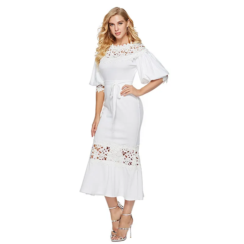 Women Dress Puff Sleeve Lace Patchwork Bandage Sexy Dresses Hollow Out Vintage White Plus Size Fashion 210524