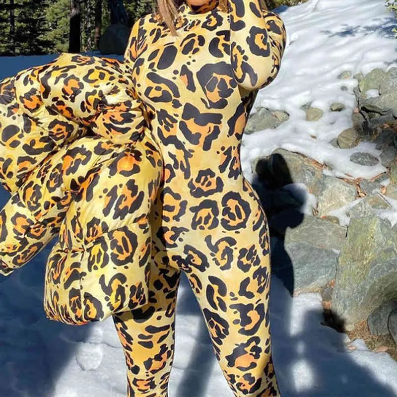 Kvinnor Snygg Jumpsuit Gul Leopord Skriv ut Turtleneck Fitness Connected Gloves Sports Oavsett Sexy Clubwear 210517