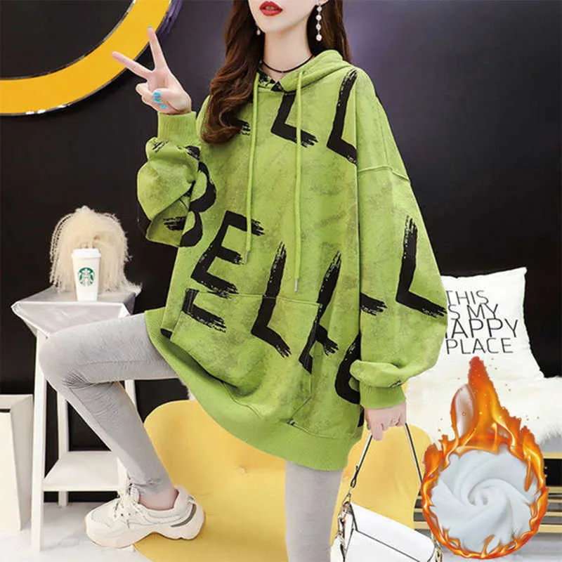 QRWR Höst Vinter Kvinnors Sweatshirt Fashion Letter Print Fleece Hoodies Casual Oversized Mid Length Hooded 210809