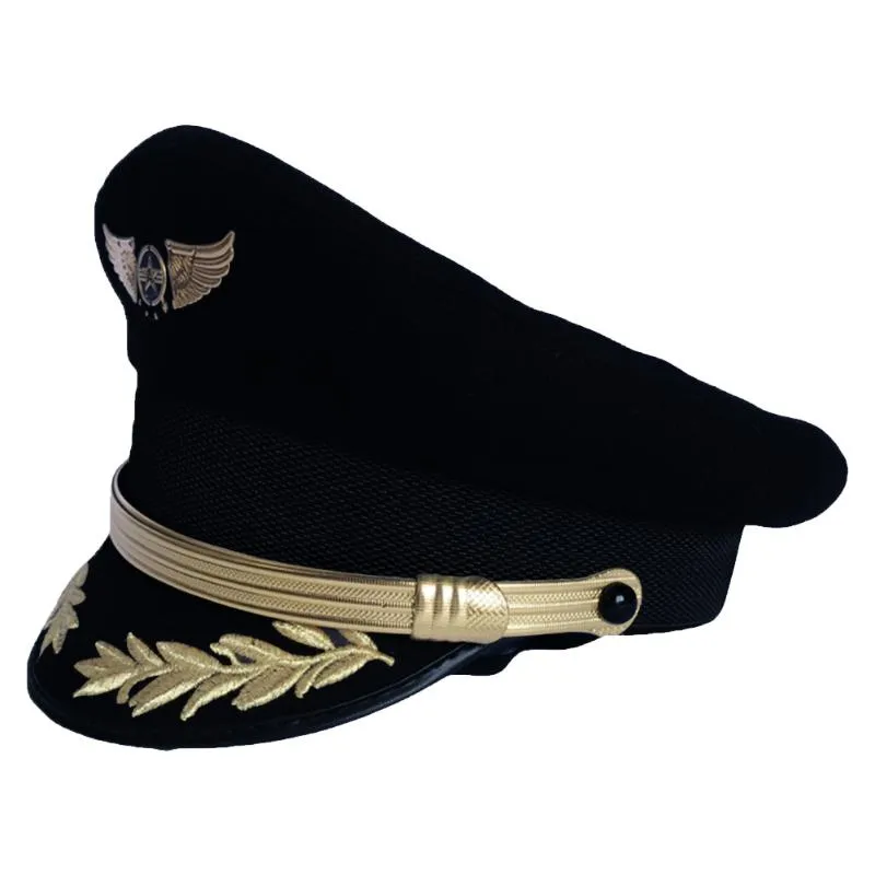 Casquette de pilote haut de gamme personnalisée, chapeau de capitaine de compagnie aérienne, uniforme de fête d'halloween, chapeaux militaires noirs pour hommes et femmes à large bord 252r