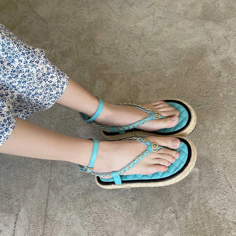 2021 sommer Mode Frauen Flache Heels Römische Sandalen Flip-Flops Weibliche Blau Schwarz Weiß Offene spitze Fischer Afrikanische Sandalen Schuhe y0721