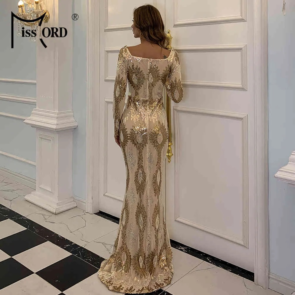 Missord 2021 Frauen Eleganten Quadratischen Kragen Pailletten Abend Party Kleid Sexy Backless Gold Maxi Kleid Weibliche Bodycon X0521