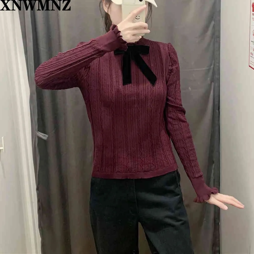 Kvinnor Mode Pointelle Sticka Tröja Vintage Elegant Hög Neck Puffy Långärmad Velvet Bow Kvinna Pullovers Chic Strikkad Top 210520