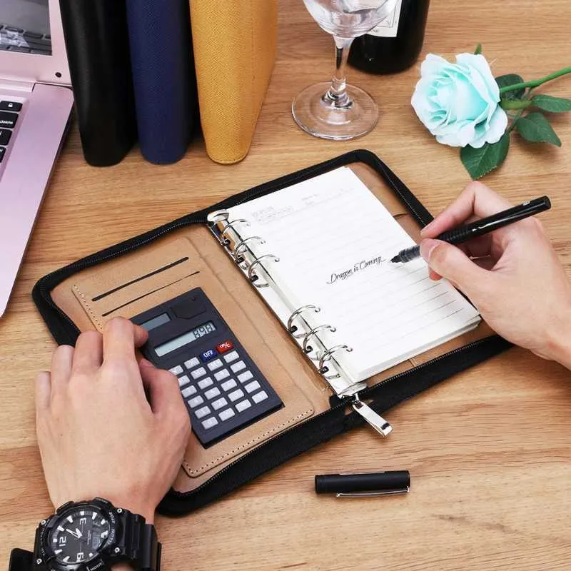 PU Leather Cover A6 Zipper Notebook Loose-Leaf Business Notepad With Calculator 210611