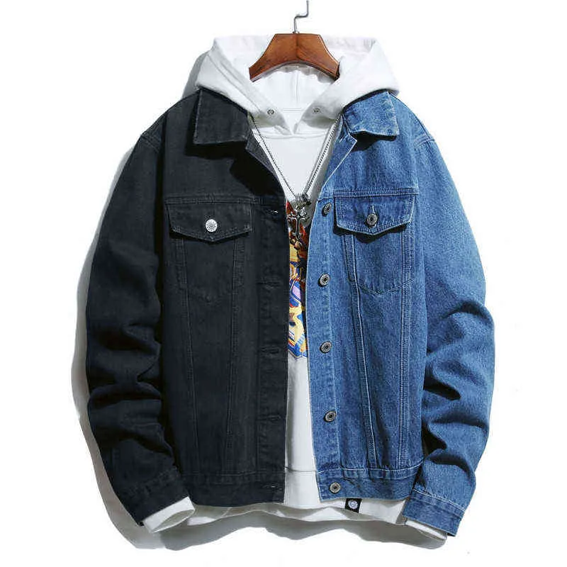 Autumn winter men denim jacket fashion self-cultivation casual two-color stitching black/red black/blue black/white jeans 211214