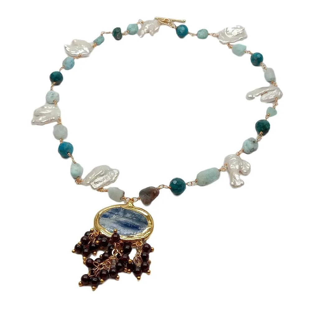 Cute Style Blue Kyanites Gannet Подвеска натуральный белый Keshi Pearl Larimar Apatite Wrap Ожерелье для женщин