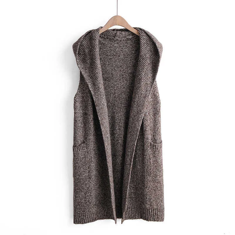 autumn winter long vest women cardigan sleeveless solid hooded with pocket casual outwear female kamizelka chaleco mujer 210817