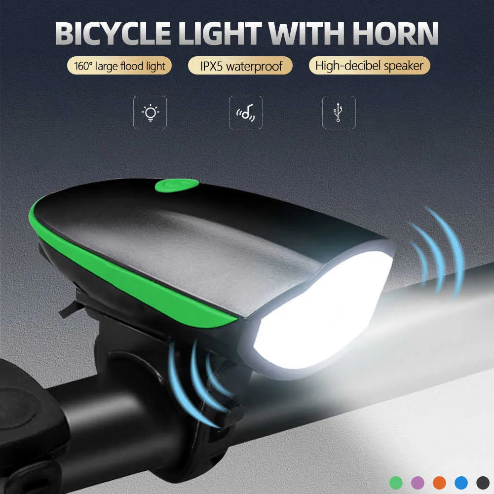 Cykel strålkastare med super högt cykelklocka horn 120 dB Vattentät 3 lägen USB Uppladdningsbart cykelfrontlampa