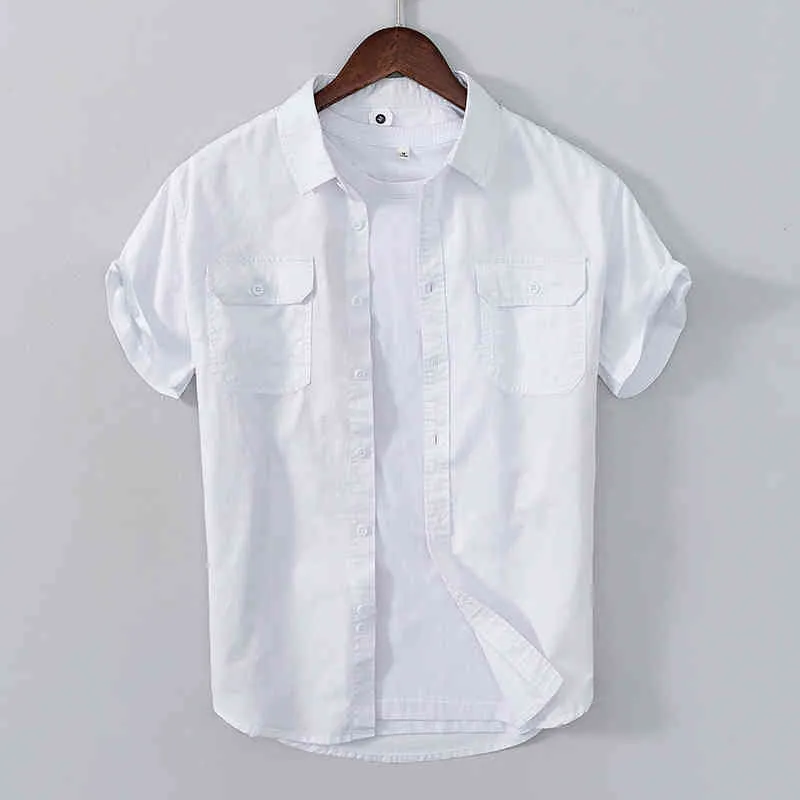 Camicia a maniche corte stile Safari uomo Estate Nuovo 100% cotone Casual Colletto rovesciato Top Uomo Stampa bianca Abbigliamento 210421