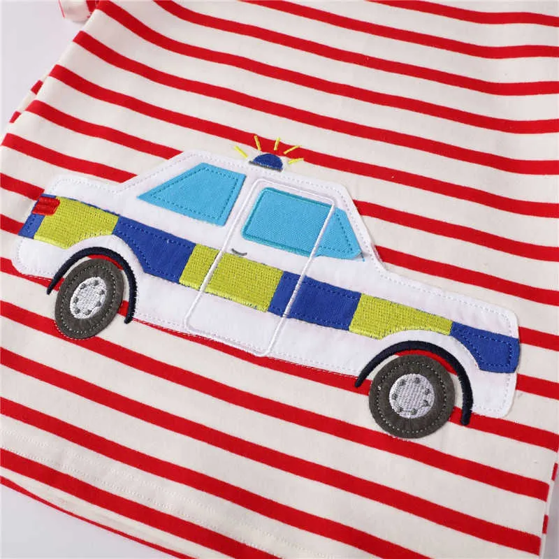 Springende meter Zomer 100% katoen auto applique baby kleding jongens streep t-shirts aankomst kinder tops kinderen tees 210529