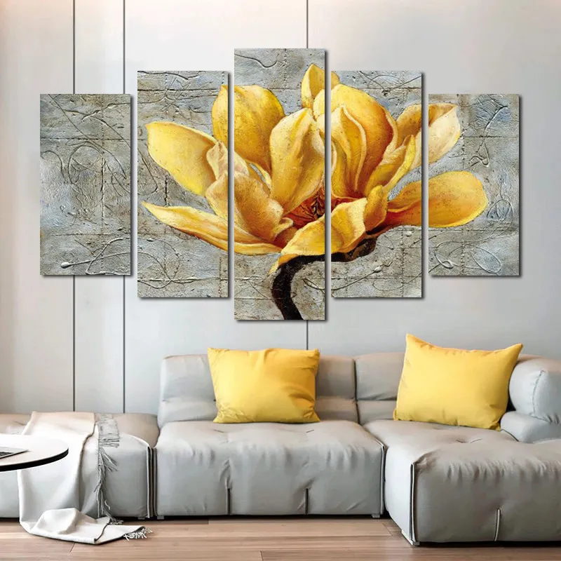 5 Panels Home Docor Gelbe Blume Poster Und Drucke Leinwand Malerei Große Größe Wand Kunst Bilder Für Wohnzimmer Wand dekoration