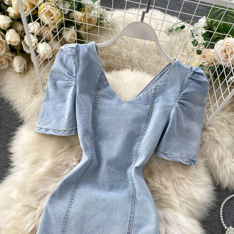 Abito vintage da donna Moda sexy scollo a V Slim aderente es Summer Backless Short Denim Robe Abiti da ballo 210525