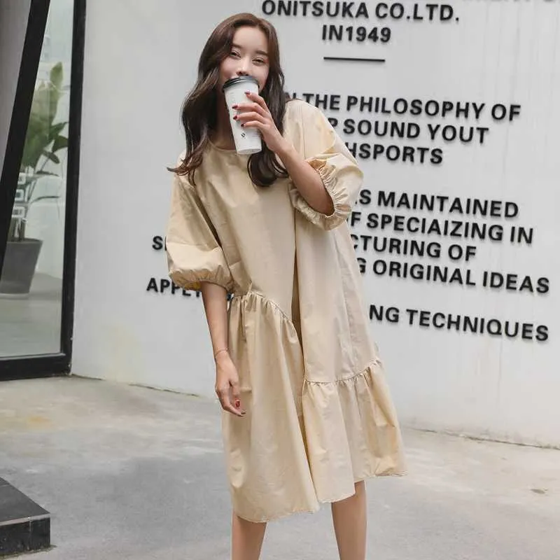 夏の韓国のプリーツ半袖ドレス緩いカジュアルな不規則なランタンハイストリートフリル膝丈210615