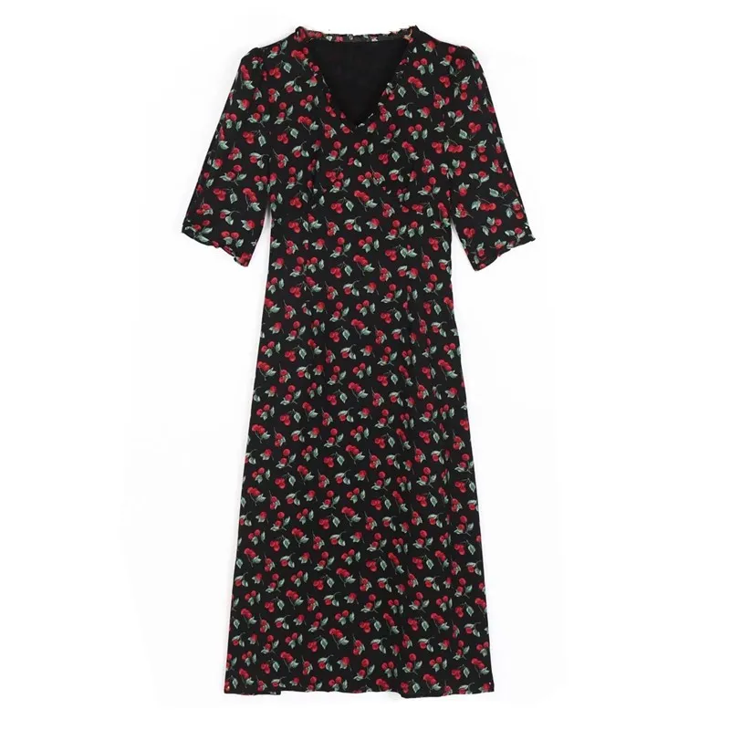 Vintage France Style Rose Flower Print Women Dress Black Sexy Wood ears Short Sleeve Midi Calf Tea Dresses Slim Vestido 210429