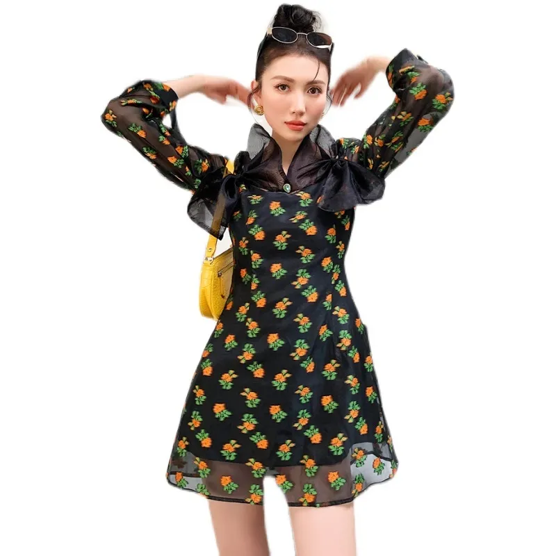 Korobov Estate Nuove Donne Bow Dress Vintage Stampa Abiti A Maniche Lunghe Coreano Beach Style Abiti Femme 210430