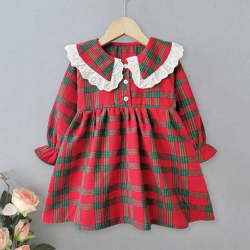 Wholesale Spring Girls Dresses Plaid Long Sleeve Lace Peter Pan Collar Cute Princess Kids Clothes E8002 210610