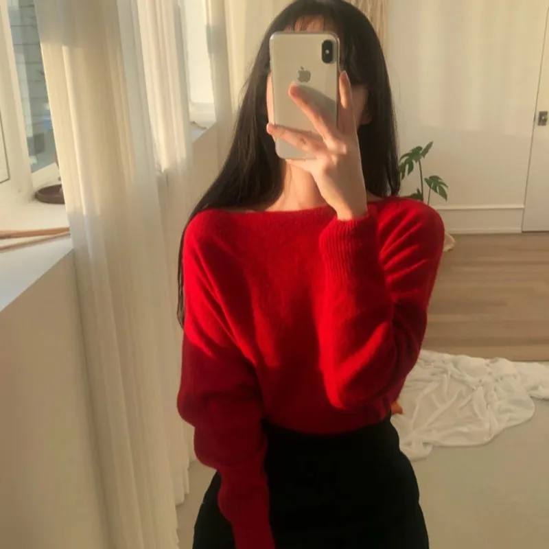 Korean chic autumn and winter gentle one-shoulder pullover design all-match white long-sleeved knitted sweater women GX1259 210506