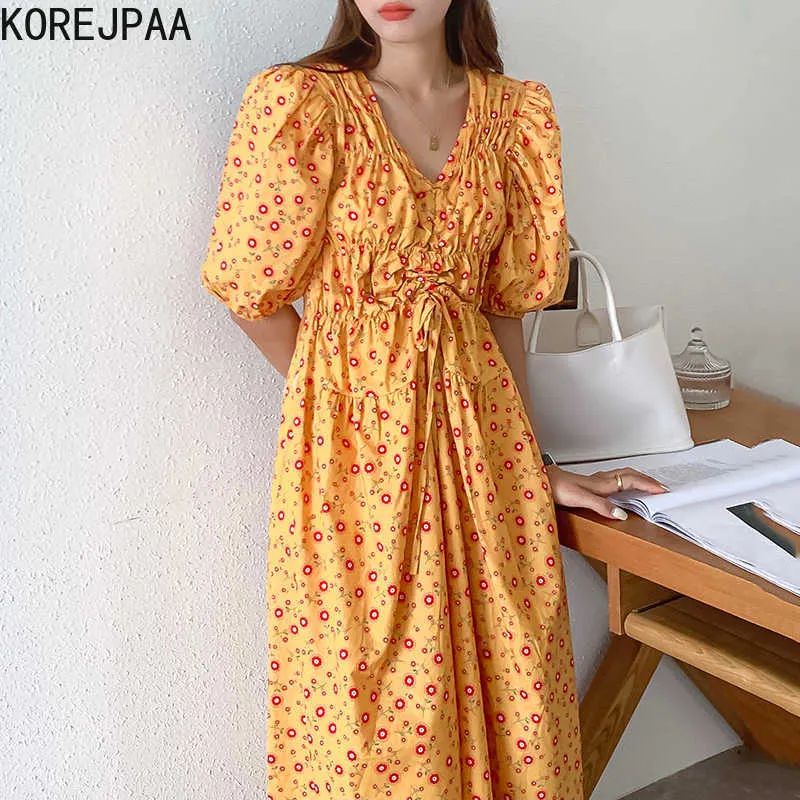 Korejpaaの女性のドレス夏の韓国のファッションエレガントなプリントVネックドローストリング折りたたみウエストバブルスリーブフローラルロングドレス210526