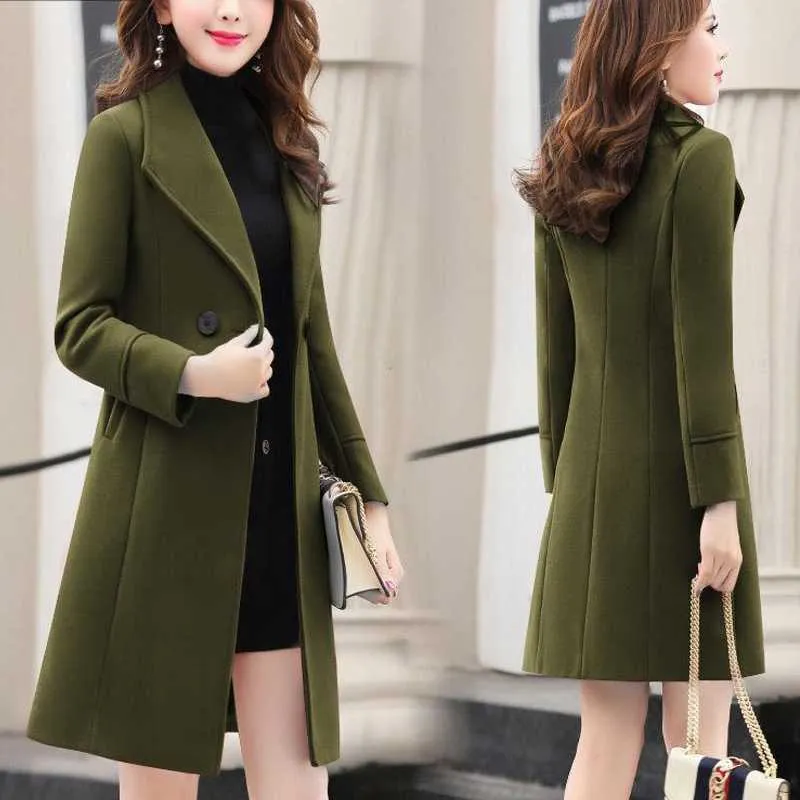 Vår- och hösten Woolen Coat Kvinnlig lång stor storlek tjock kvinnor jacka Slim Lady Clothing Women's Coats 211021
