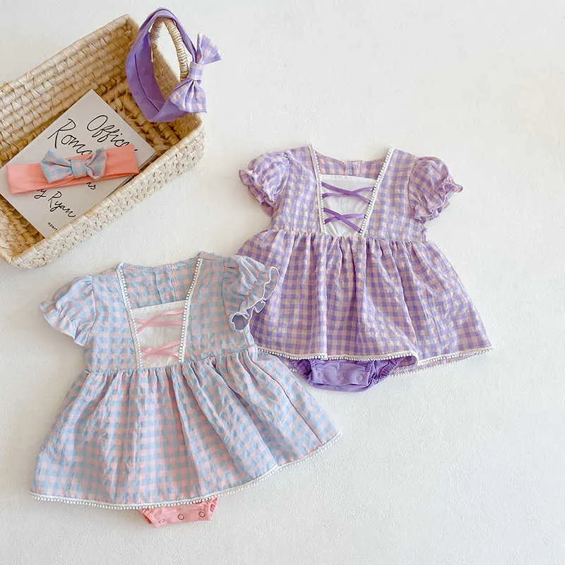 Summer Baby Girl Body Plaid Jumpsuit avec couvre-chef born Cute Style Kids Clothes E1002 210610