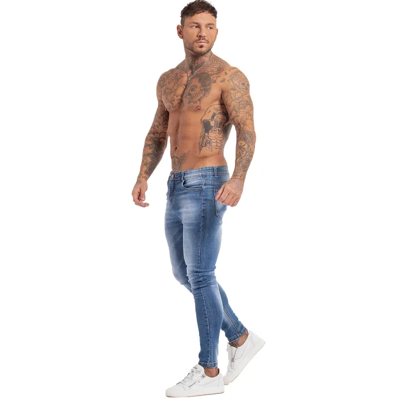 Gingtto magro fita encaixe rasgado grande e alto alongamento azul para homens afligidos cintura elástica mens jeanszm131