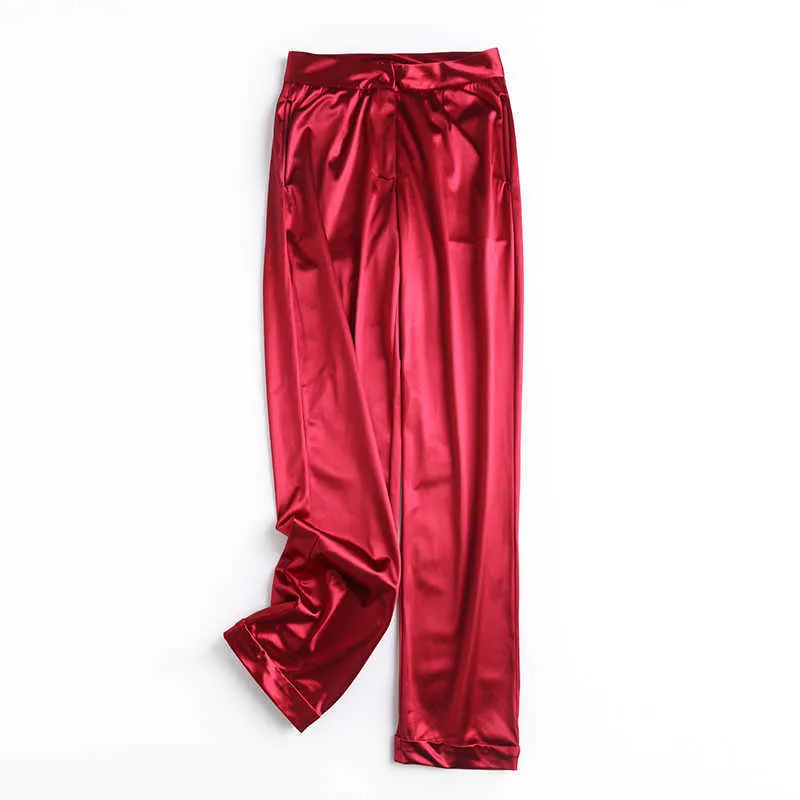 2021 nouveauté printemps et été style rue couleur unie satin pantalon ample pour femme, pantalon slim droit et polyvalent Q0801