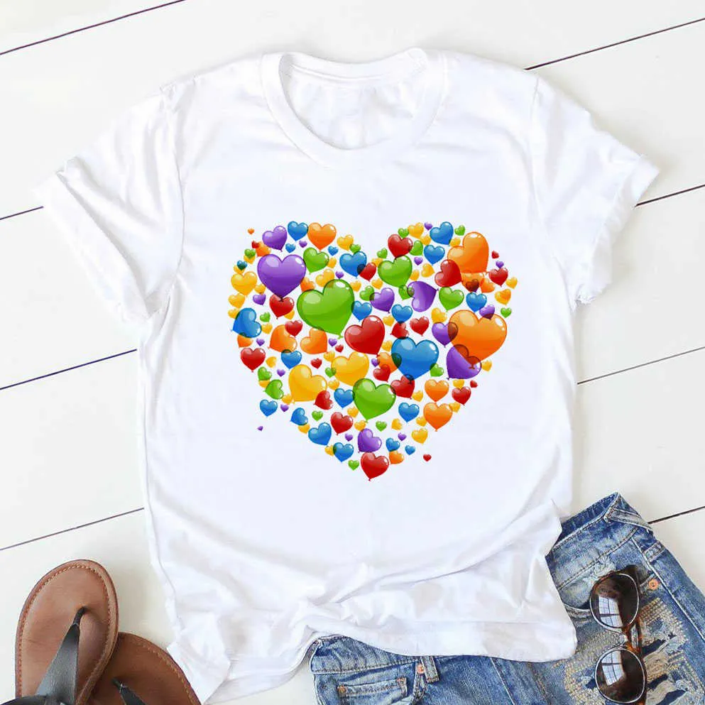 المرأة القمصان الحب القلب المطبوعة الصيف قصيرة الأكمام عارضة قميص المتناثرة الشارع الشهير قمم الإناث t-shirt الإناث الملابس المحملة X0527