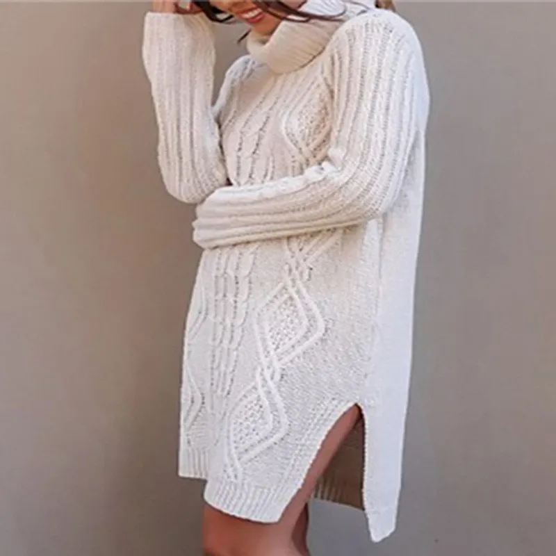 Pullover donna inverno lungo spacco dolcevita intrecciato maglione manica donna vestito lavorato a maglia coreano taglie forti 210428