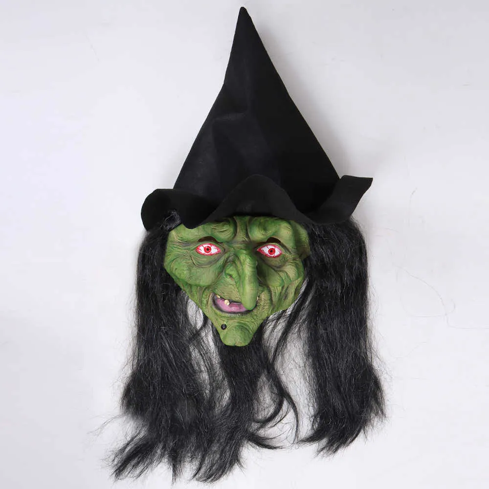 Maschera di strega horror di Halloween con cappello Cosplay Pagliaccio spaventoso Strega Maschere in lattice Viso verde Naso grosso Donne anziane Costume Puntelli del partito
