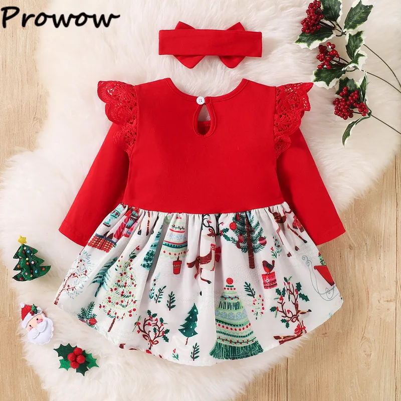 Prowow私の最初のクリスマスの女の赤ちゃん服クリスマスプリントロンパースVネックレースボディスーツfor Borns Year Costume 220211