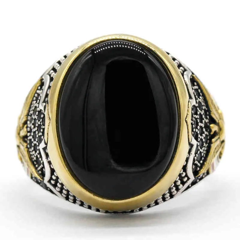 Męski 925 Sterling Oval Black Natural Agate Pierścień, znak pokoju, Męski Tajski Srebrna Biżuteria Turecka