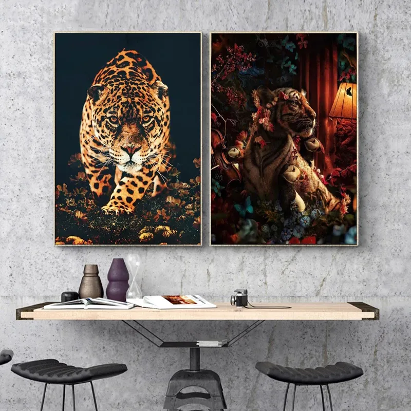 Schwarzer goldener Löwe, Tiger, Papagei unter Blumen, luxuriöses Tierposter, moderne Kunst, Leinwandgemälde für Wohnzimmer, Wanddekoration3395572