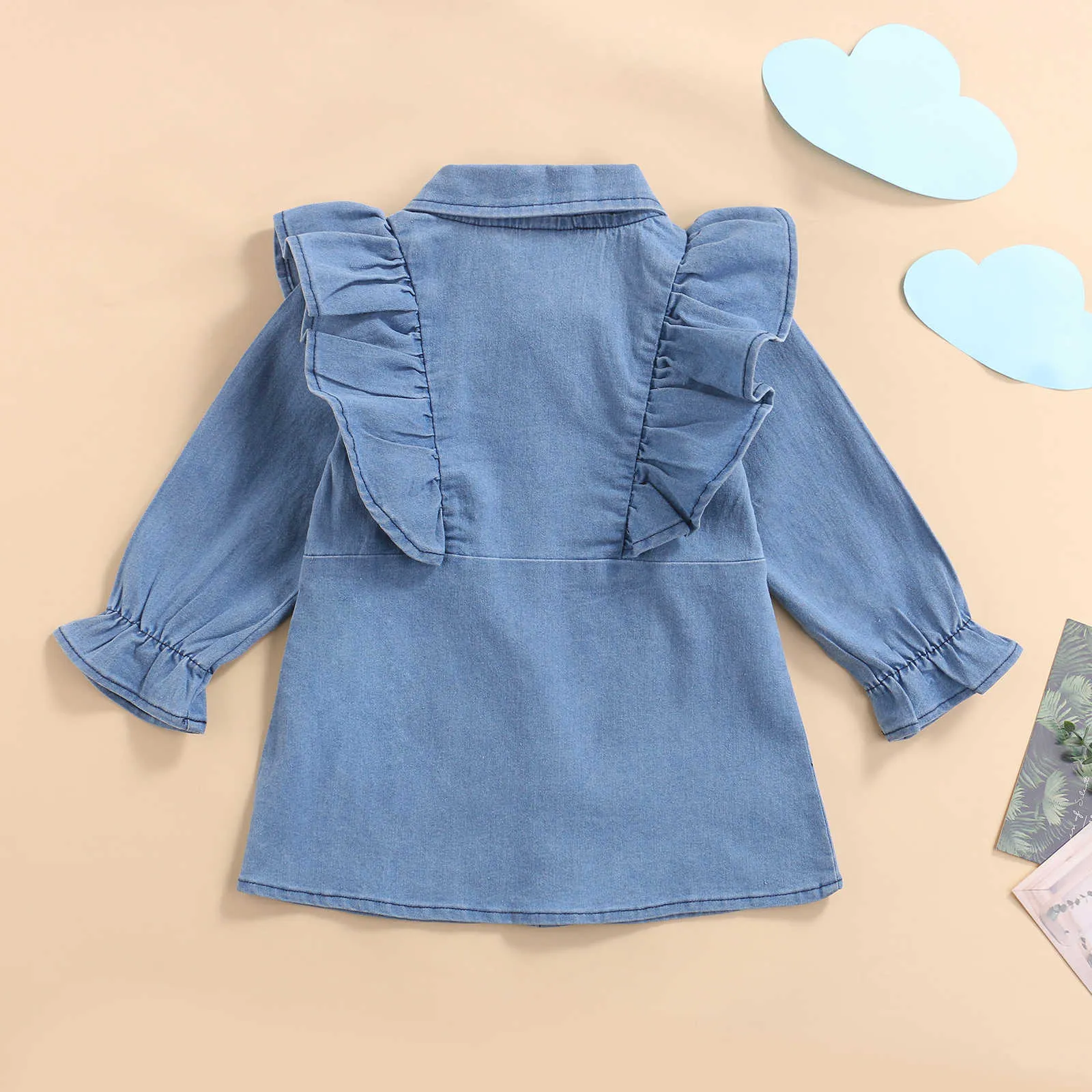 Robe en jean à manches longues boutonnée à manches volantes pour enfants avec version chemise à boutonnage simple à volants Robe de printemps décontractée G1026